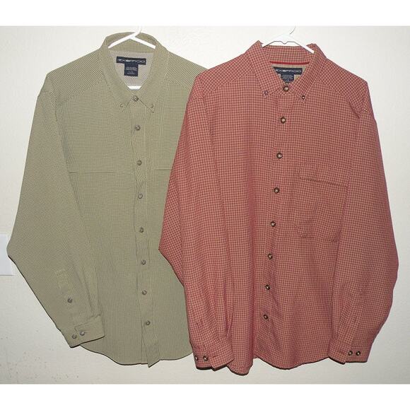 Lot 2 ExOfficio Men’s Large LS Button Fishing Shirts Green Red Plaid - Picture 1 of 3